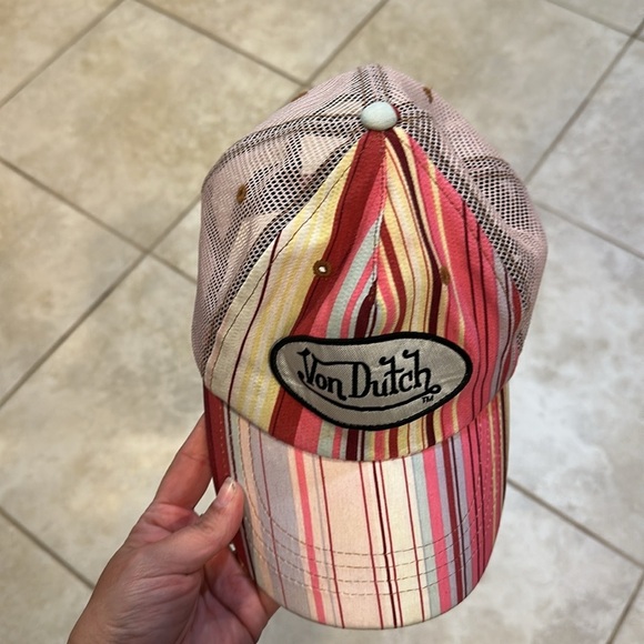 Vintage Y2K Pink Striped Von Dutch Patch Trucker Hat - Picture 7 of 7